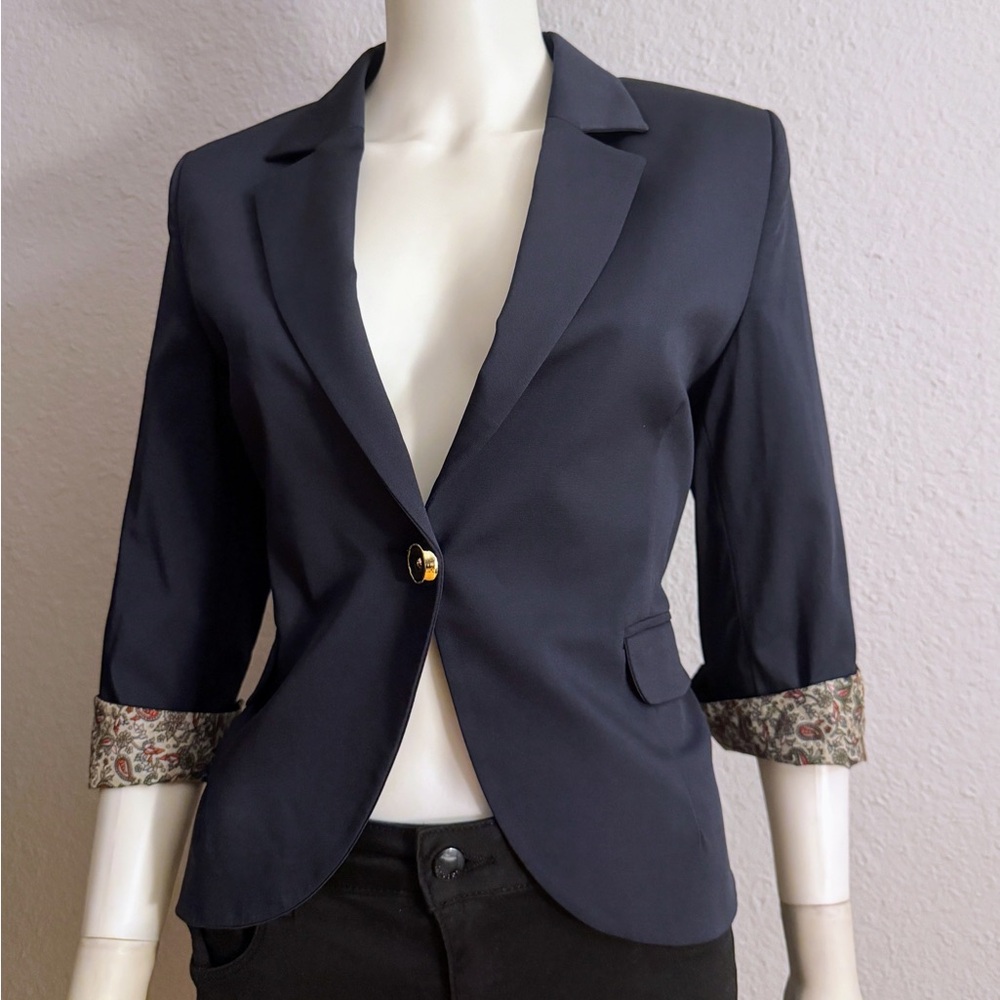 NWOT WOMEN BLAZER NAVY BLUE JACKET 3/4 SLEEVES ONE‎ BUTTON NOTCHED COLLAR LINED